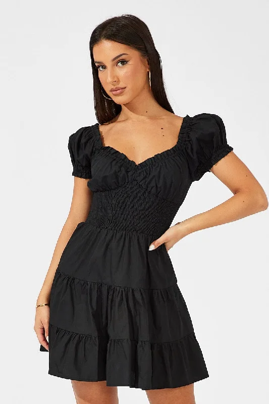 Black Fit and Flare Dress Short Sleeve Shirred Waist