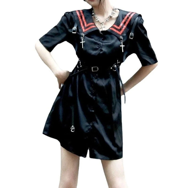 Women's Grunge Sailor Collar Black JK Dress Tunics Long Elegant