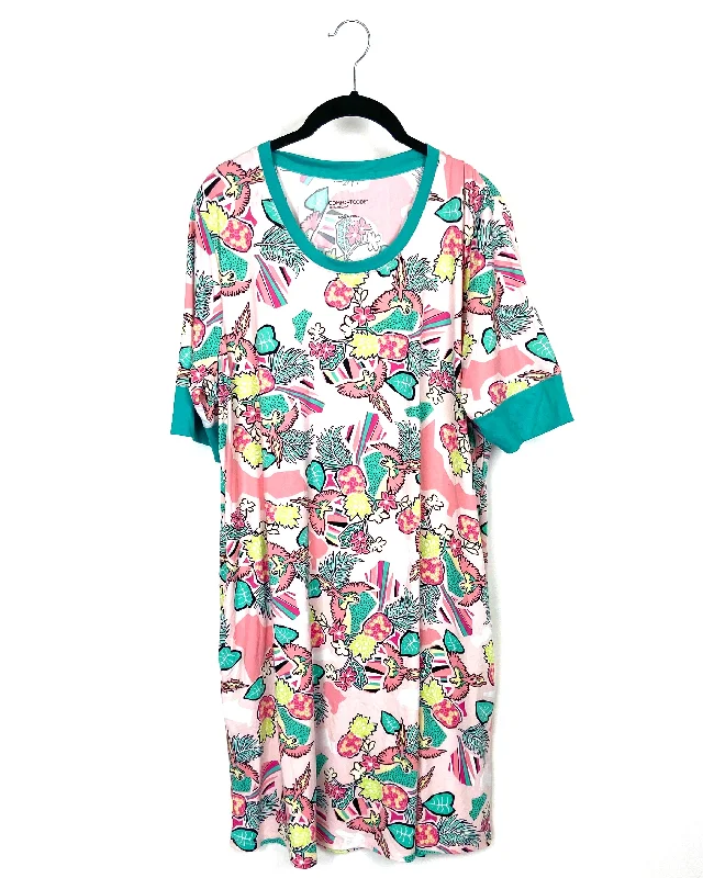 Pink and Green Tropical Print Dress - Small/Medium
