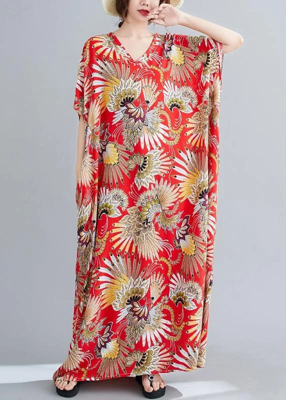 Plus Size Red Print V Neck Summer Cotton Dress