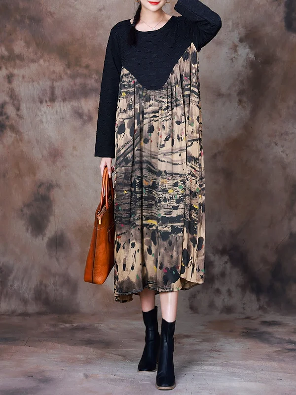 Plus Size Women Fall Vintage Ink-print Spliced Dress