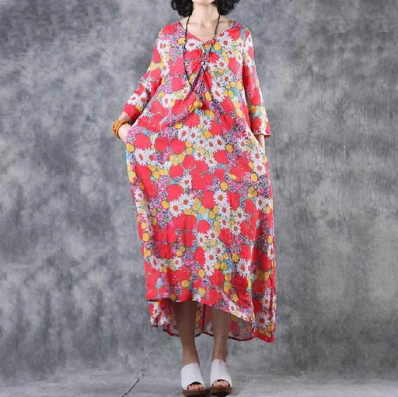 Ramie V-Neck Print Linen Women Dress