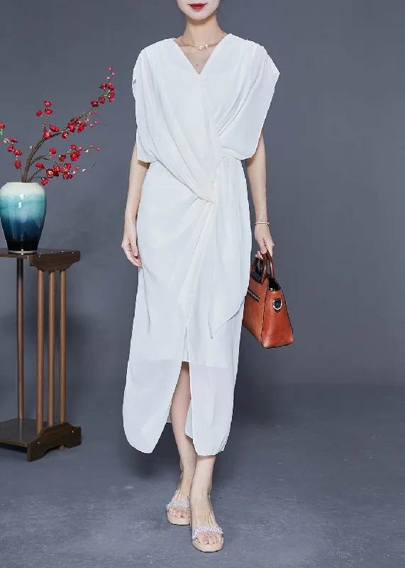 Slim Fit White V Neck Asymmetrical Cross Chiffon Holiday Dress Summer