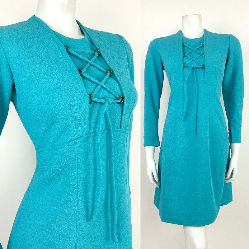 VINTAGE 60s 70s AQUA TURQUOISE TEAL BLUE CORSET LACED MOD DRESS 10 12