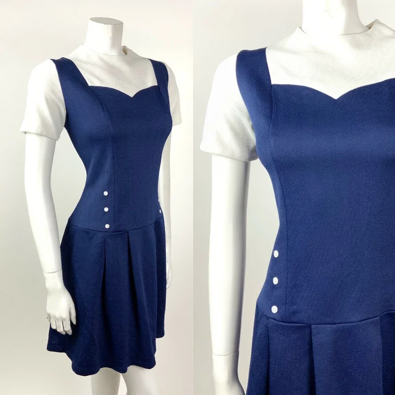 VINTAGE 60s 70s NAVY BLUE WHITE NAUTICAL SWEETHEART MOD DRESS 12