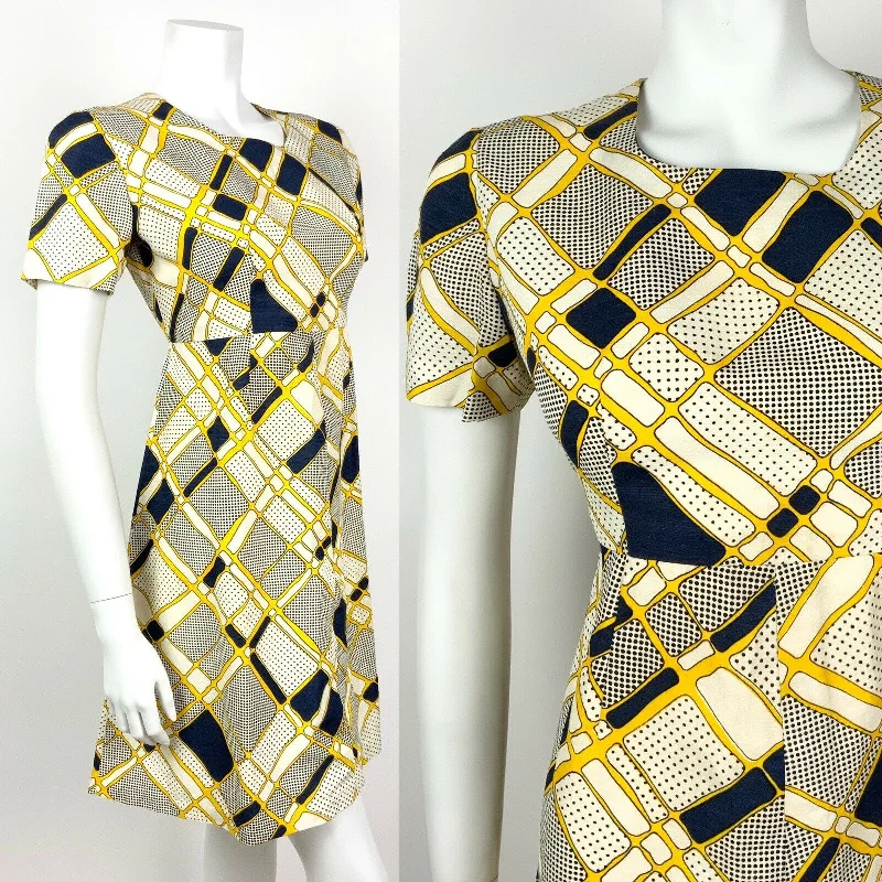 VINTAGE 60s 70s WHITE NAVY BLUE YELLOW GEOMETRIC POLKA-DOT MOD DRESS 10 12