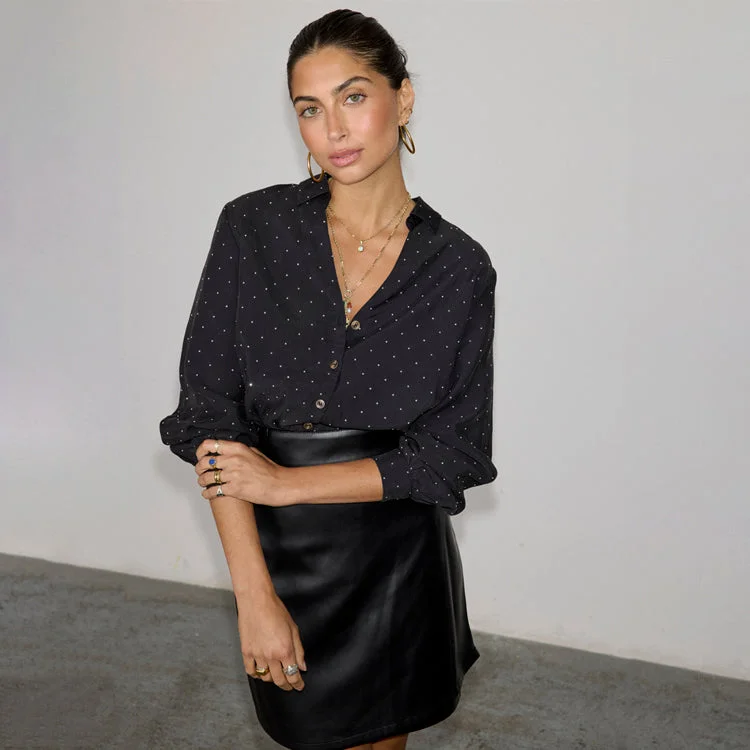 Black Stud Miley Shirt Notch Collar Peter Pan Collar Cowl Neck