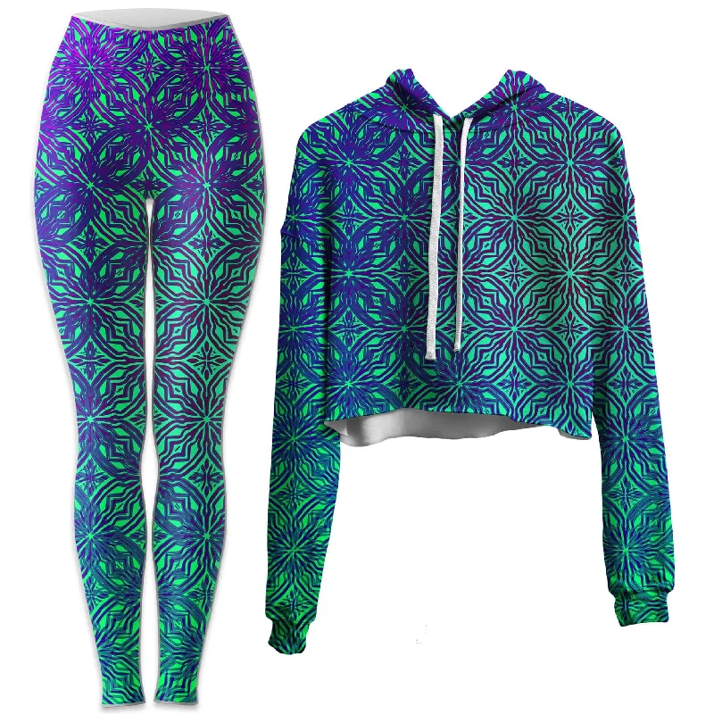 Psy Mosik Sea Crop Hoodie and Leggings Combo Sporty Zip-Up Jacket