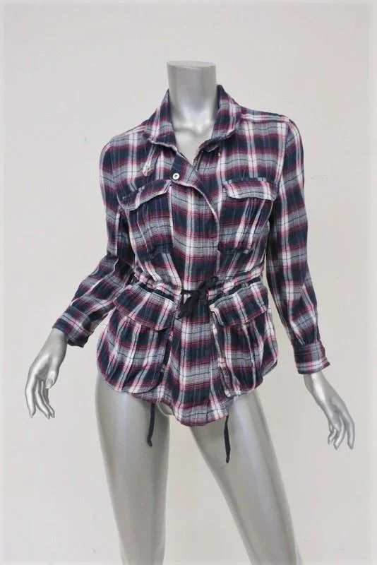 Isabel Marant Etoile Plaid Shirt Jacket Navy/Red Cotton Size 2 Lapel Coat Peter Pan Collar Coat Cowl Neck Coat