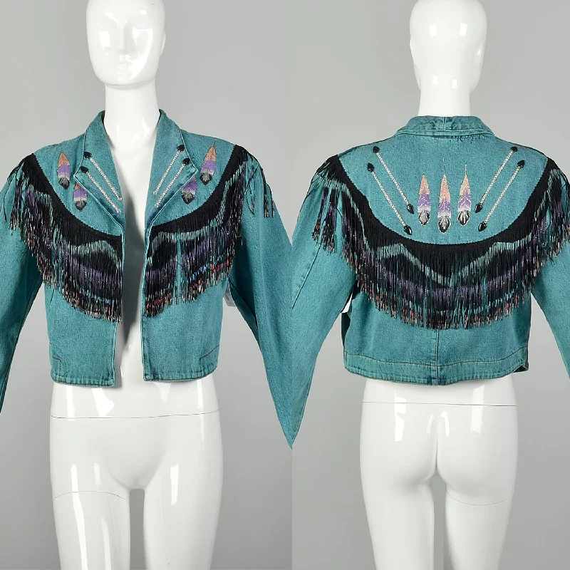 Medium Denim Jacket 1980s Bolero Fringe Jean Teal Southwestern Hook-and-Loop Buckled Tied