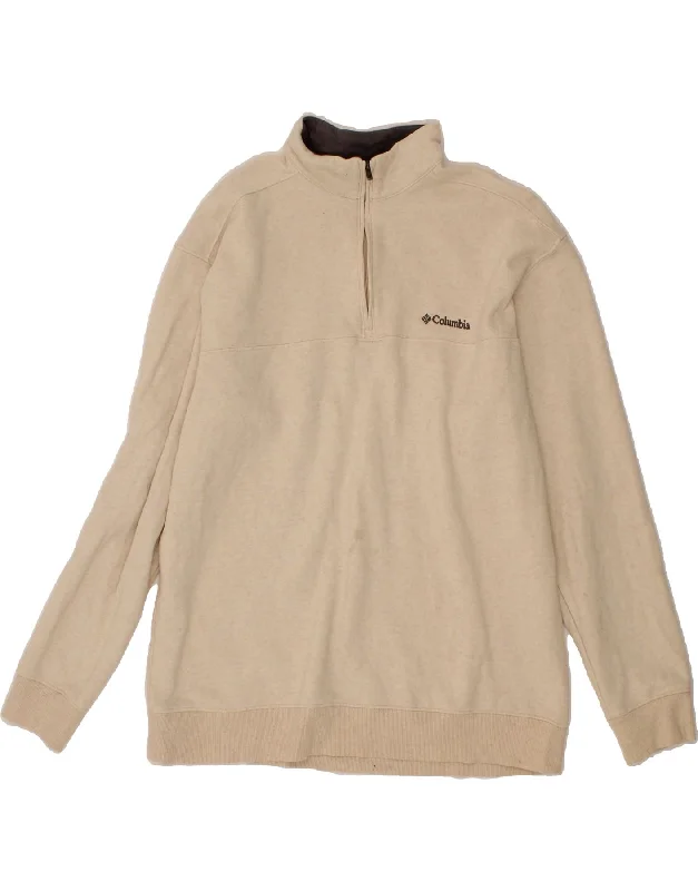 COLUMBIA Mens Zip Neck Sweatshirt Jumper Large Off White Cotton Hoodie with Full-Zip Functional Layering
