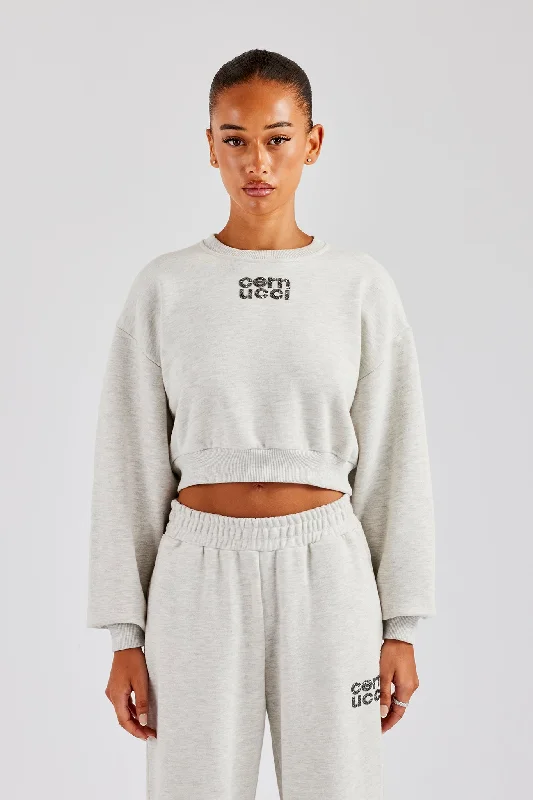 Glitter Applique Cropped Sweatshirt - Ash Grey Hoodie Crop Top Short Trendy