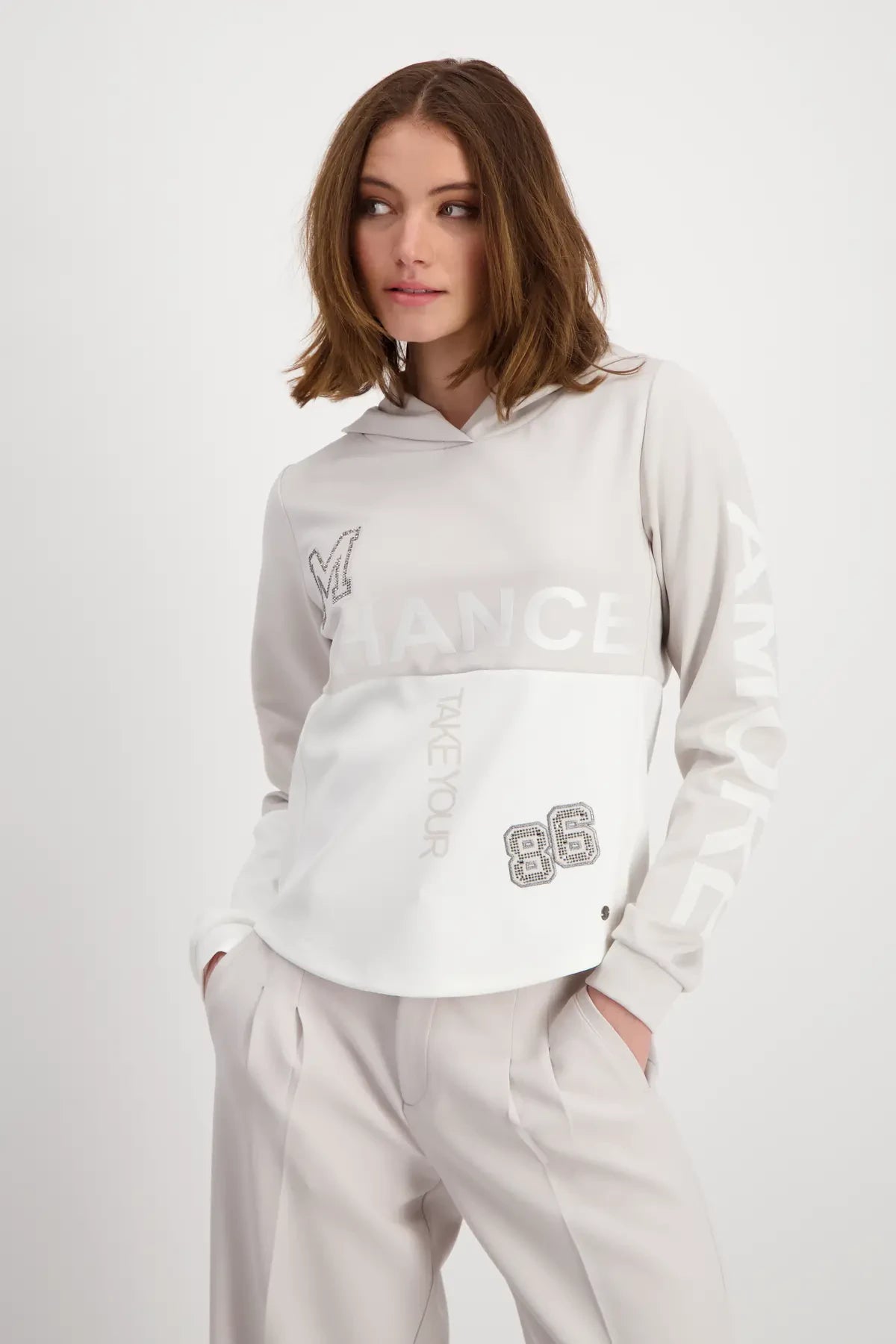 Monari Colour Block Printed Hoodie, Light Grey Hoodie with Hood Adjustable Protection