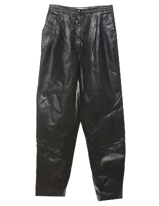 Black High Waist Pleated Leather Trousers - W26 L30 Comfortable Denim Trousers