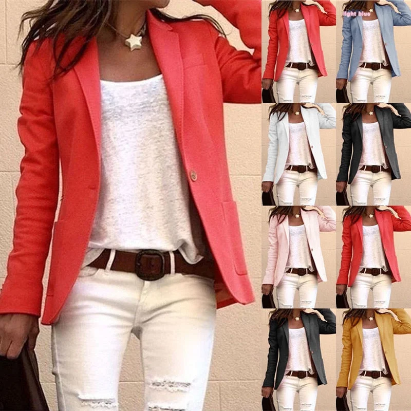 6 Colors Women Pure Color Office Lady Long Sleeve Lapel Collar Slim Simple Style Suit Women's Trench Blazer