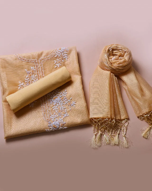 Yellow Kota Silk Embroidered Unstitched Suit Fabric Set With Kota Silk Embroidered Dupatta Women's Travel Jacket