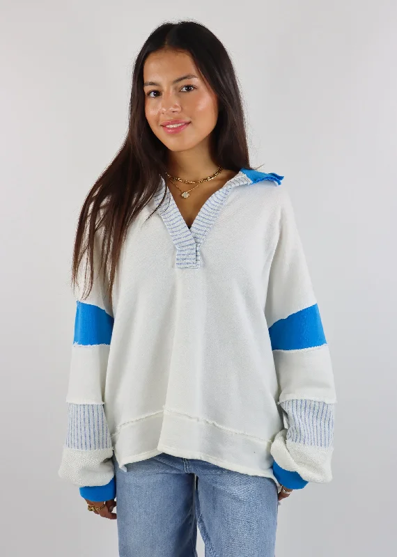 Good To Me Pullover ★ White & Blue Trendy Button-Up Top
