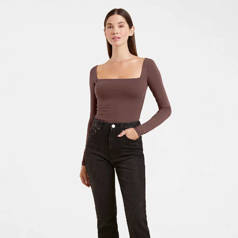 Long Sleeve Wide Square Neck Bodysuit | Coffee