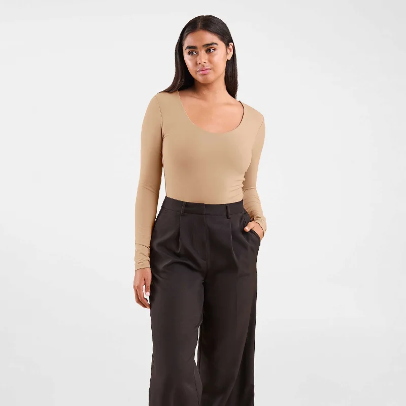 Long Sleeve Scoop Neck Bodysuit | Oat Soft Knit Top